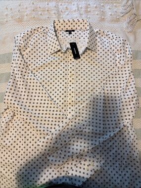NWT express Men's White Button-Up Shirt with Navy Dot Print